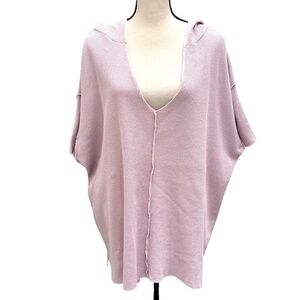 FITIGUES LIGHT DUSTY PINK & WHITE TRIM WAFFLE KNIT SHORT SLEEVE HOODED BOXY TOP